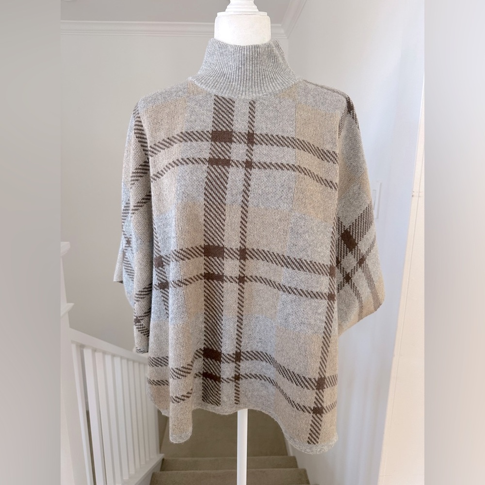 NWT Note Di Anita Cape/Poncho Wool Cashmere Grey/Brown/Beige Plaid One Size